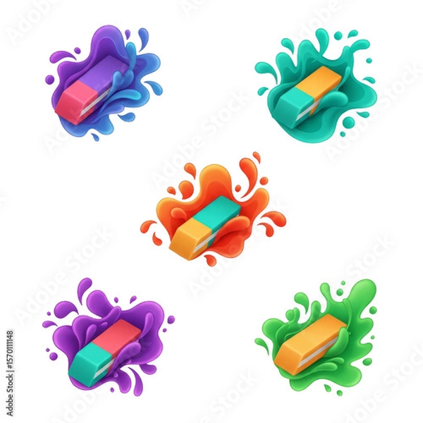 Fototapeta Collection of various colorful rubber erasers in cartoon splashes on transparent background. Back to school stationery.