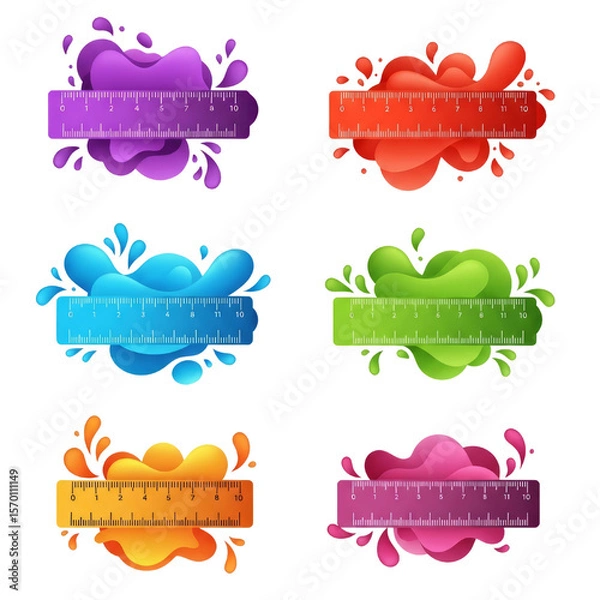 Fototapeta Colorful rulers with liquid abstract shapes on transparent background for school, education, and measurement themes.