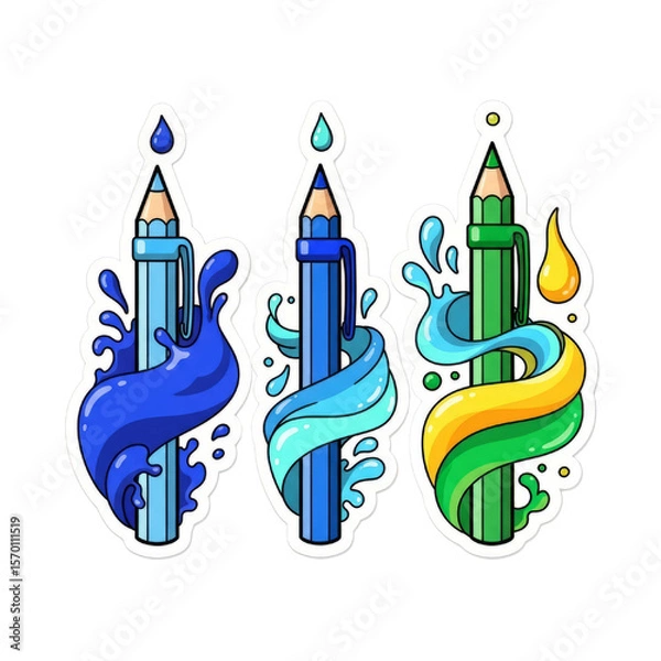 Fototapeta Set of three cartoon pencils with colorful paint splashes and drops. Back to school creative art supplies vector graphic on transparent background.