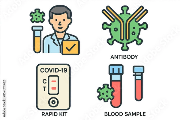 Obraz Vector illustration of coronavirus test line icons, including vaccine clinical trial, antibody, rapid kit, and blood sample outline pictogram for covid19 diagnostic, all in 64x64 pixel perfect