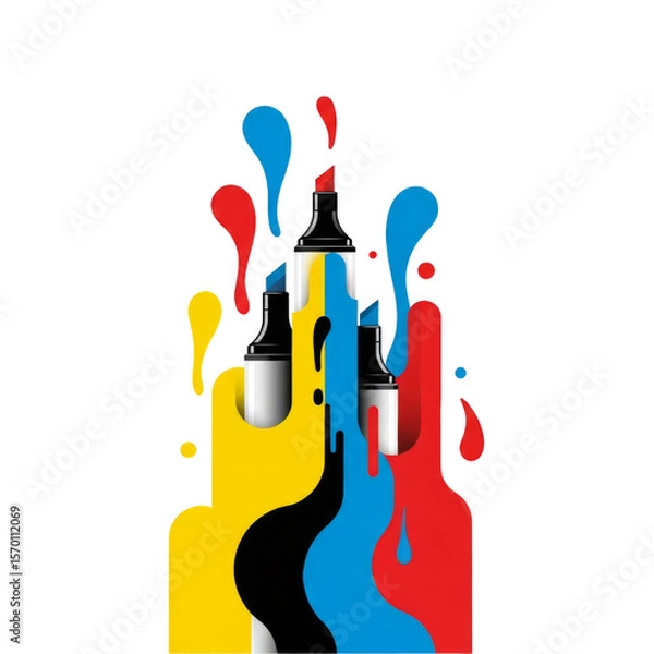 Fototapeta Set of colorful markers pouring ink. CMYK palette with watercolor splashes. School supply art concept on transparent background.
