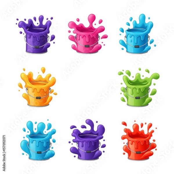 Fototapeta Many paint buckets full of colorful liquid paint with splash effects on transparent background for back to school concept.
