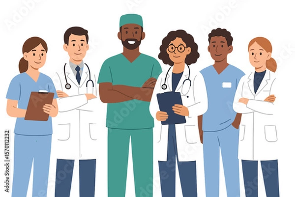 Fototapeta In a hospital setting, various characters are at work, including nurses, doctors, therapists, surgeons, and other medical personnel, all standing together as a team