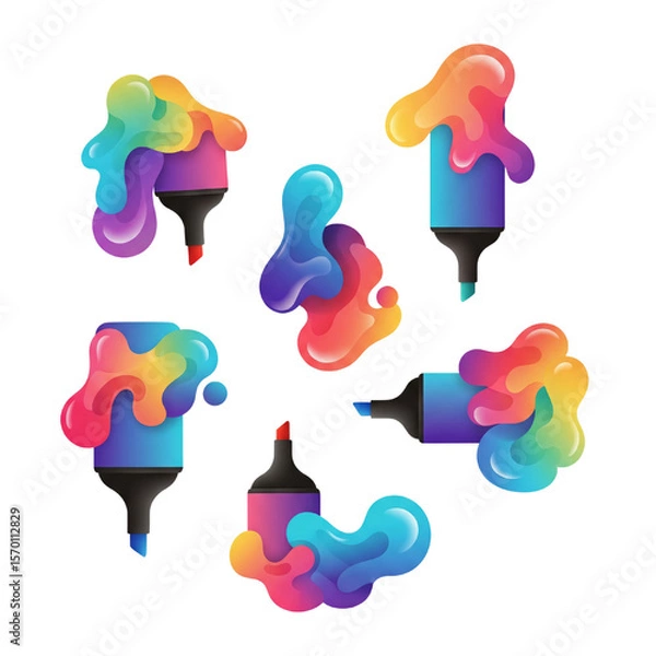 Fototapeta A collection of colorful markers and abstract liquid color splashes for back to school and children’s creativity on transparent background.