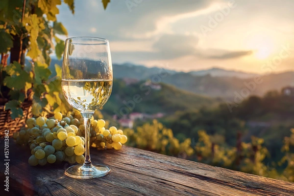 Fototapeta Wine glows in the sunset. Glass and grapes on wooden table. Ideal for marketing, design, and web use.