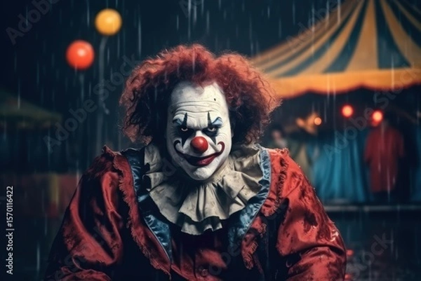 Fototapeta Portrait of a clown in the rain against the backdrop of a circus. Halloween theme. Evil Clown. Creepy Evil Clown. Horror movie Concept. Halloween Concept with Copy Space.