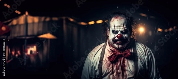 Fototapeta Portrait of a scary clown in the rain. Horror film. Halloween theme. Evil Clown. Creepy Evil Clown. Horror movie Concept. Halloween Concept with Copy Space.