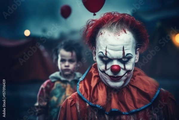 Fototapeta Close up of a scary clown with red hair standing in the street at night. Halloween theme. Evil Clown. Creepy Evil Clown. Horror movie Concept. Halloween Concept with Copy Space.