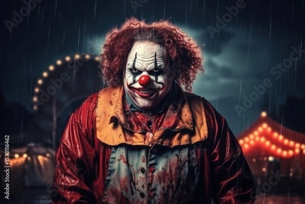Fototapeta Portrait of a clown with red hair standing in the rain at night. Halloween theme. Evil Clown. Creepy Evil Clown. Horror movie Concept. Halloween Concept with Copy Space.