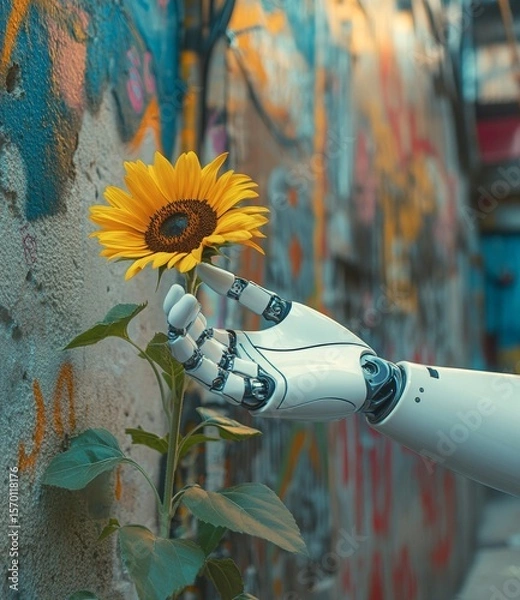 Obraz A robotic hand gently touches a sunflower growing beside a colorful graffiti wall. The image contrasts nature and technology, symbolizing harmony, curiosity, and the future of human-machine interactio