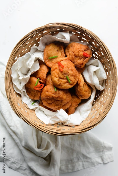Obraz Overhead view of Akara in a basket, top view of nigerian akara fried beans cake	