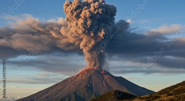 Fototapeta Volcano erupts spewing smoke and ash into the sky with a cloudy background.
