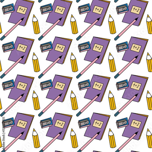 Fototapeta Seamless pattern with study books, pens and pencils, stationery for study, digital illustration.