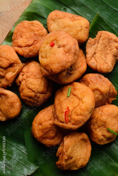 Obraz Overhead view of Akara on plantain leaf, top view of nigerian akara fried beans cake