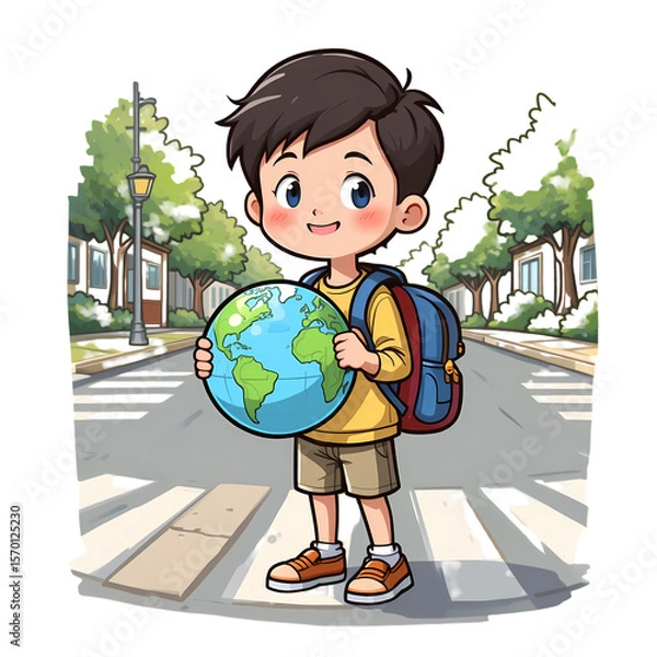 Fototapeta Safe School Travel with Backpack and Globe