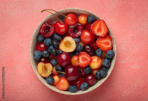 Obraz Simple, healthy, and delicious mix of fresh summer fruits is presented in a bowl, sitting on a textured pink background top view