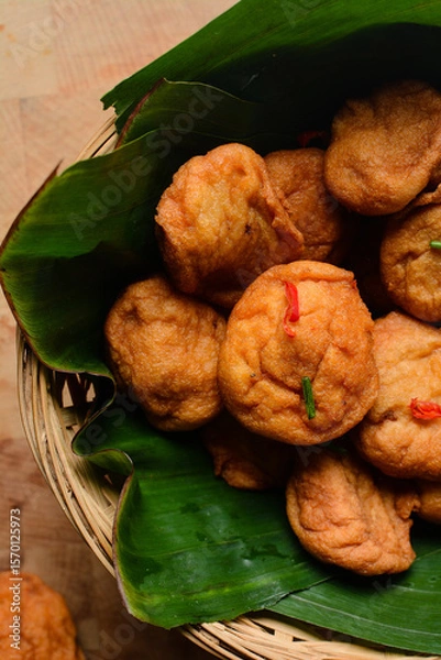 Obraz Overhead view of Akara on plantain leaf, top view of nigerian akara fried beans cake