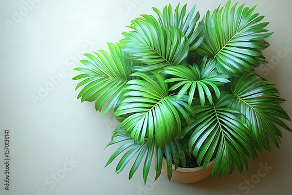 Obraz Gardening or plant care content. Potted palm tree with wide, green leaves on a white background. Top view. Palm tree with fleshy leaves.