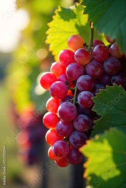 Fototapeta Sunlit Ripe Red Grapes Ready for Harvest A Close-up View of Juicy Fruit Hanging on the Vine, Perfect for Winemaking and Tasting at a Farm