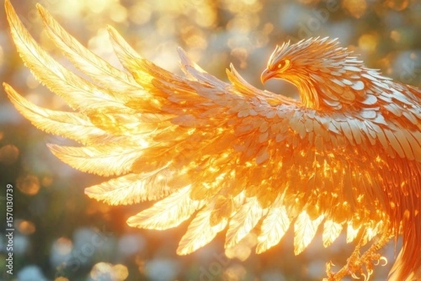 Obraz Fiery Phoenix Bird with Golden Wings, Dramatic Light, Mythological Creature, Close Up, Bright