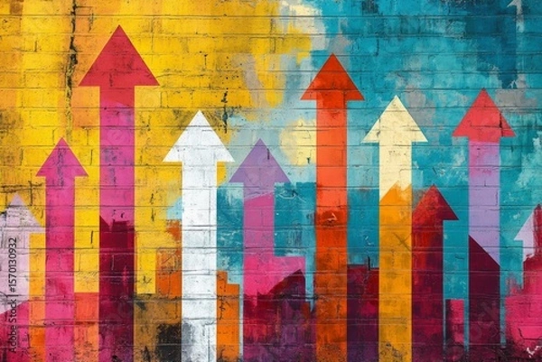 Obraz Colorful Painted Arrows Rising on a Brick Wall, Representing Growth, Progress, and Achievement.