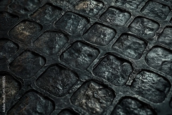 Obraz Textured Dark Stone Pavement Detail, Close-Up View, Grid Pattern, Weathered, Grunge, Abstract Background