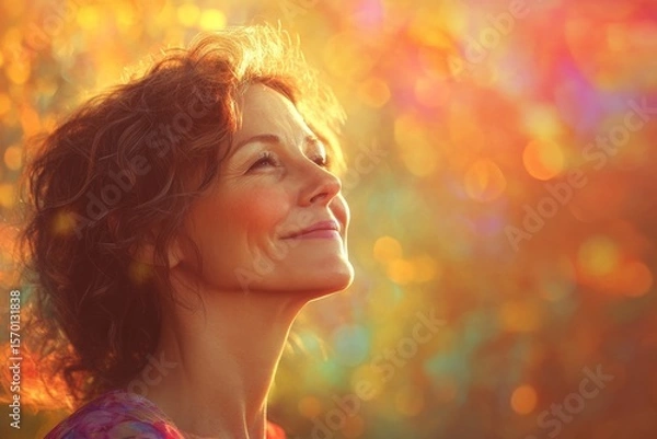 Obraz Smiling Woman in Sunlight, Looking Up with Joy, Warm Colors and Bokeh Background