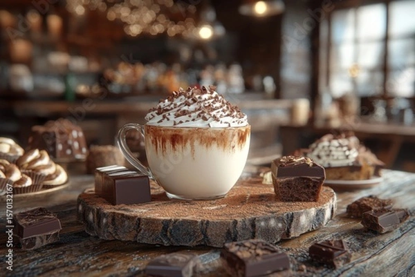 Obraz Gourmet Hot Chocolate with Whipped Cream and Chocolate Shavings, Served with Chocolate Desserts