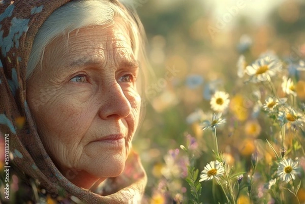Obraz Portrait of Elderly Woman in a Field of Flowers, Contemplative Expression, Sunlight, Nature Scene.