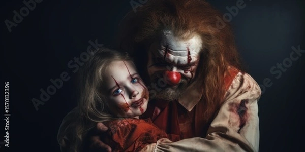 Fototapeta Scary clown with a red nose and a girl in a red dress on a dark background. Halloween theme. Evil Clown. Creepy Evil Clown. Horror movie Concept. Halloween Concept with Copy Space.