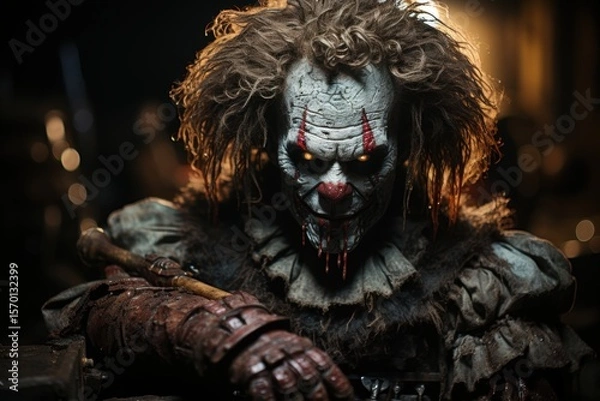 Fototapeta Scary zombie in the dark forest. Horror movie. Halloween. Halloween theme. Evil Clown. Creepy Evil Clown. Horror movie Concept. Halloween Concept with Copy Space.