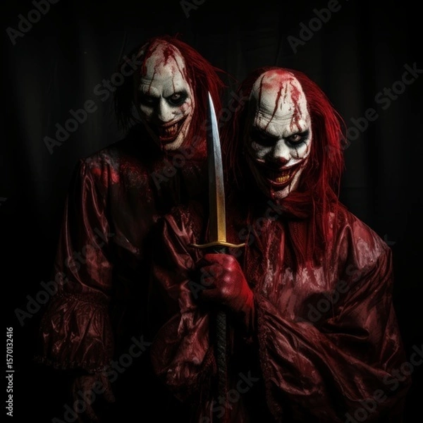 Fototapeta two scary zombie men with red blood on their faces holding a sword. Halloween theme. Evil Clown. Creepy Evil Clown. Horror movie Concept. Halloween Concept with Copy Space.