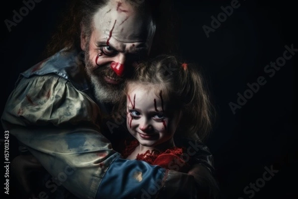 Fototapeta Halloween theme: a scary clown with a baby girl in her arms. Halloween theme. Evil Clown. Creepy Evil Clown. Horror movie Concept. Halloween Concept with Copy Space.