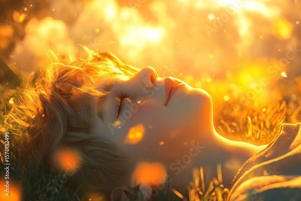Obraz Peaceful Young Person Relaxing in Sunlight, Lying in Grass, Eyes Closed, Dreamlike, Golden Light.