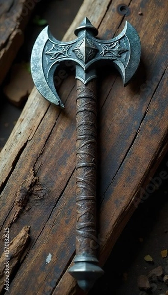 Fototapeta Weathered Ancient Battle-Axe A Relic of Forgotten Battles and Legendary Heroes, Resting on Aged Wood