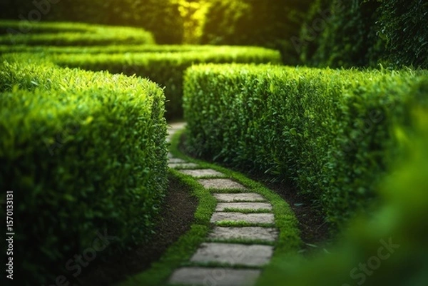 Obraz Winding Pathway Through Green Hedge Maze, Stone Path with Sunlight, Serene Garden Landscape