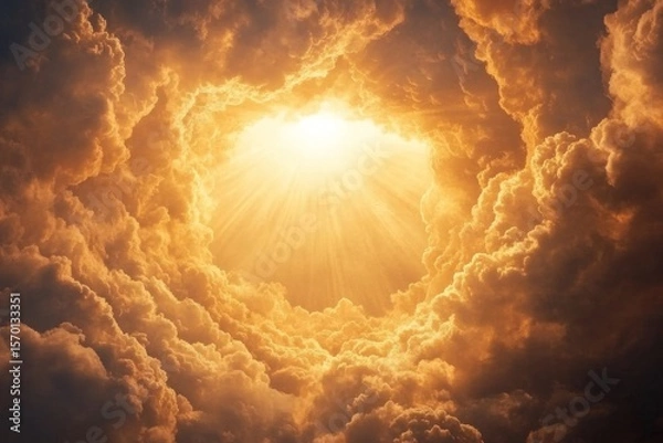Obraz Radiant Light Shining Through Dramatic Clouds, Heavenly Scene, Golden Hour, Abstract Background.