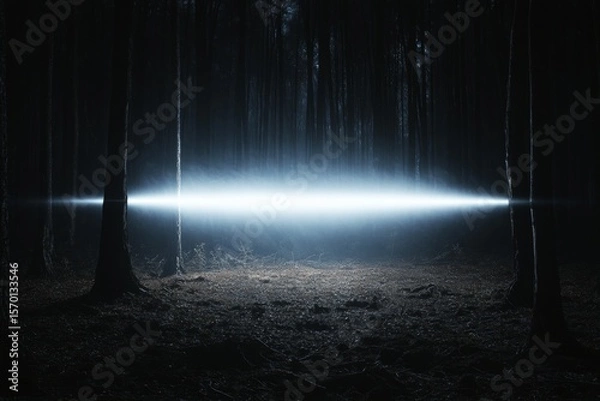 Obraz Illuminated Beam of Light Passing Through a Dark Forest at Night, Atmospheric and Mysterious Scene.