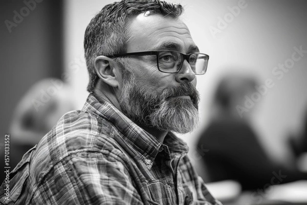 Obraz Portrait of a Middle-Aged Man with Glasses and Beard in Black and White, Looking Away