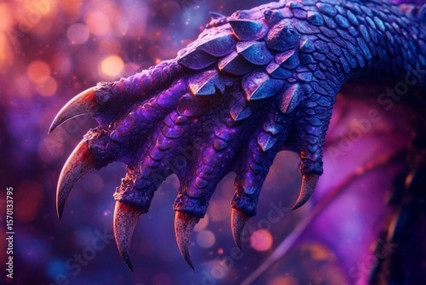 Obraz Detailed Close-up of a Dragon's Purple Claw with Sharp Claws and Textured Scales