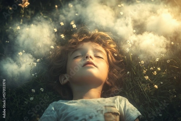 Obraz Child Lying in Field of Flowers, Eyes Closed, Dreamy Sunlight, Serene Outdoor Scene