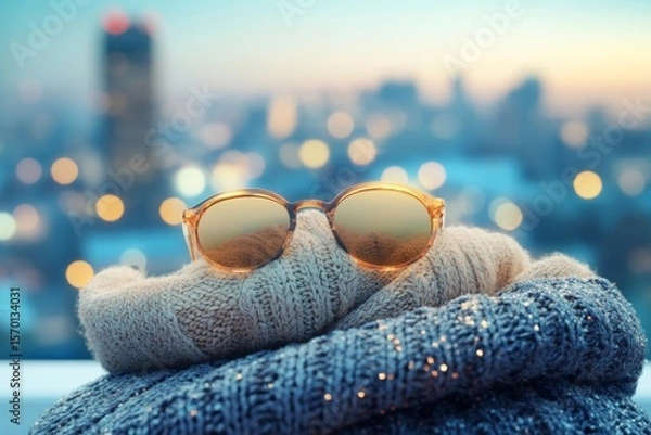 Obraz Sunglasses on Knitted Sweaters with Cityscape Bokeh Background, Fashion and Lifestyle Concept.