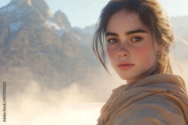 Obraz Portrait of a Young Woman with Freckles and Mountains in the Background, Natural Light