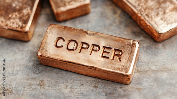 Fototapeta Metal bar with engraved word 'Copper ' on concrete surface. Industrial materials, mining and production theme
