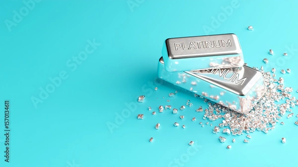 Fototapeta Shiny platinum bars with nuggets on teal background with empty space. Luxury precious metal concept