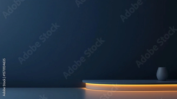 Fototapeta Minimalist dark blue background with illuminated podium and vase for banners design and product display