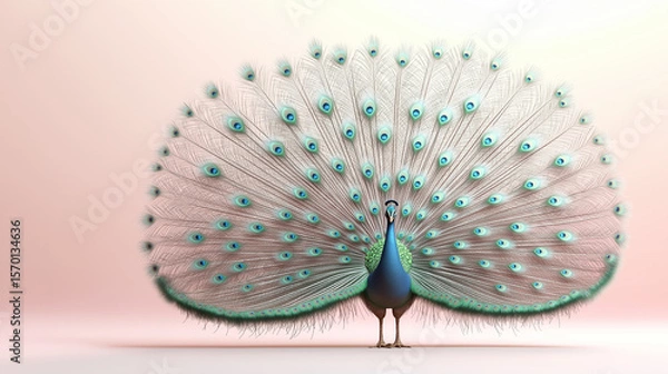Fototapeta Elegant peacock with vibrant plumage display on soft pastel background