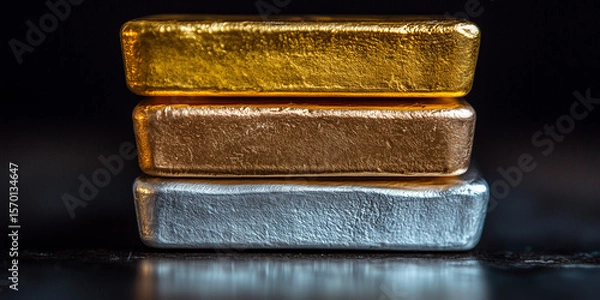 Fototapeta Stacked gold, silver, and copper bars on black background. Mining, metals market and investment in commodities themes