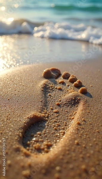 Fototapeta Lone Footprint in Wet Sand A Journeys Beginning, Waves Gently Washing Away the Past, Evoking a Sense of New Beginnings and Tranquility on a Peaceful Beach