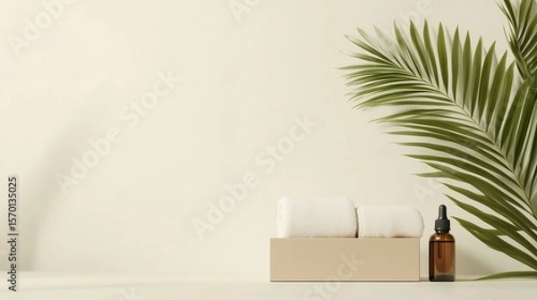 Fototapeta Spa essentials featuring towels and a dropper bottle arranged near a lush palm leaf in a serene environment